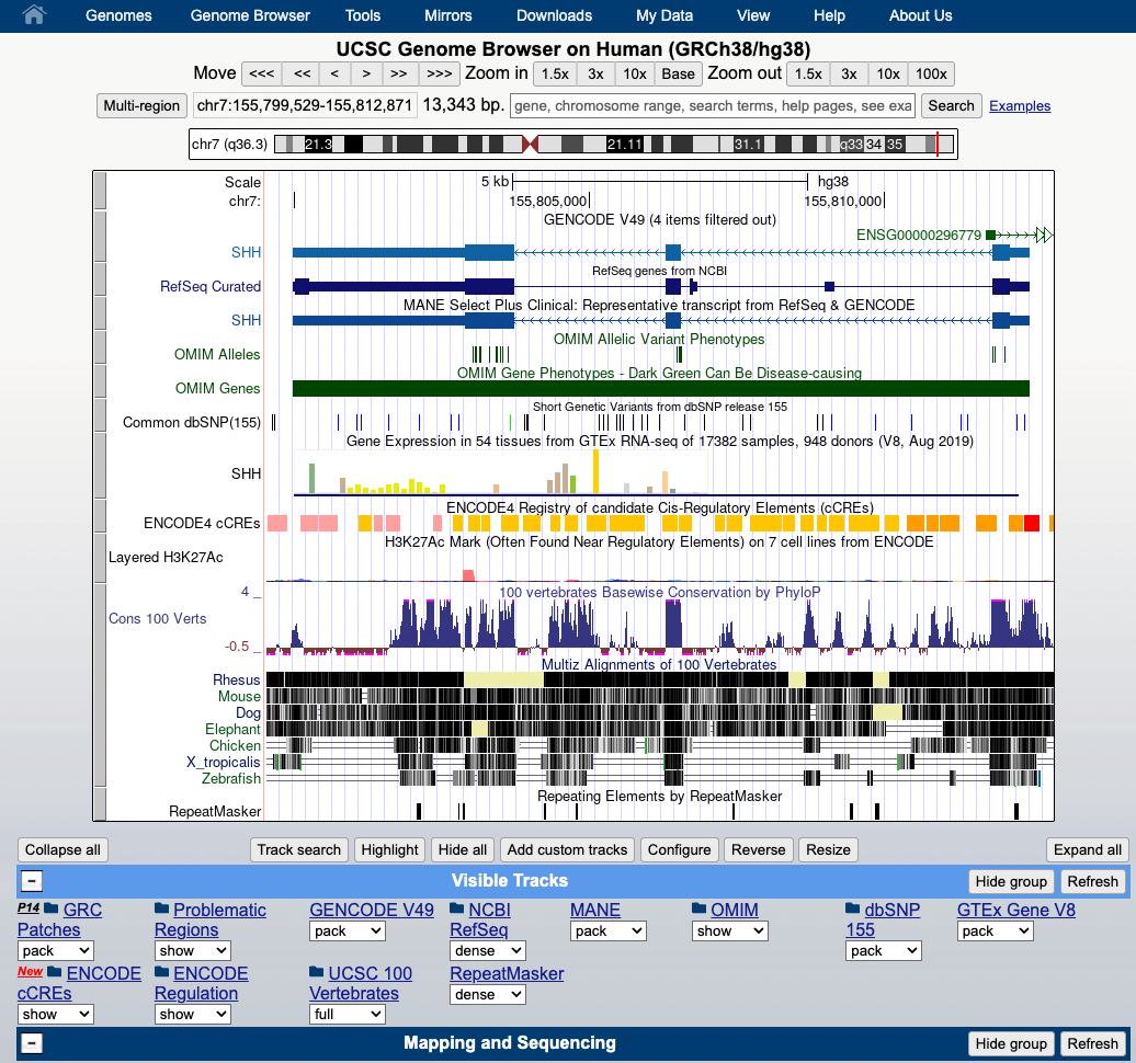 Screenshot showing the visible tracks shortcut feature in the Genome Browser toolbar